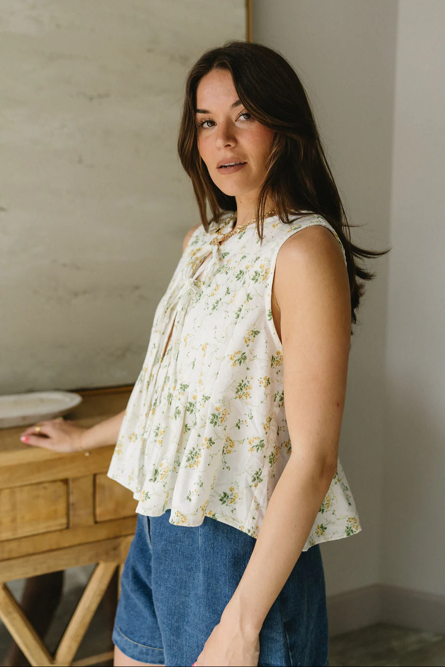 Faye White & Yellow Floral Pleated Peplum Tank - Image 3