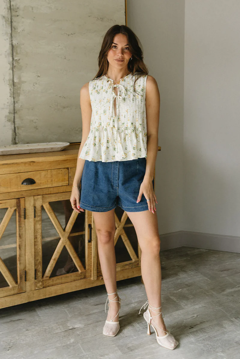 Faye White & Yellow Floral Pleated Peplum Tank - Image 5