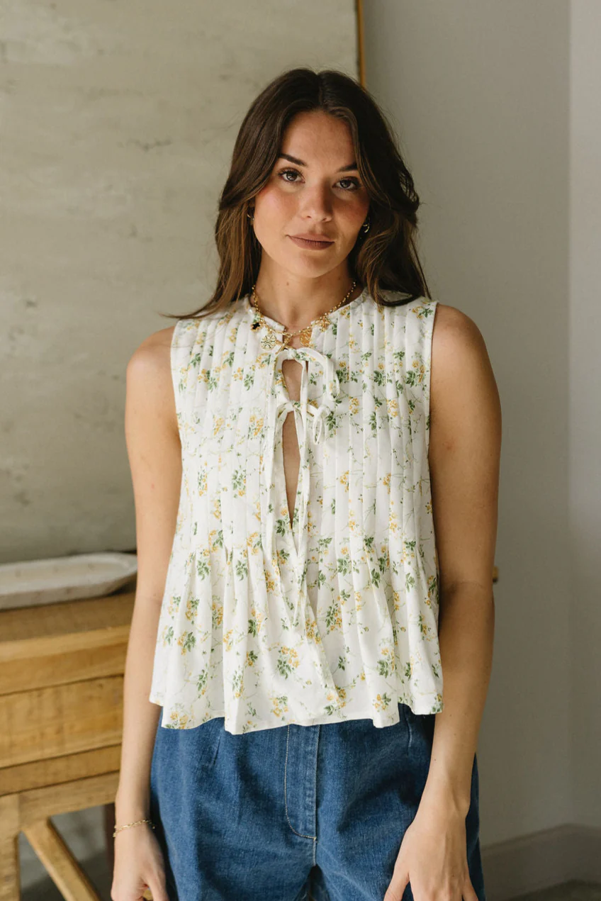 Faye White & Yellow Floral Pleated Peplum Tank - Image 6