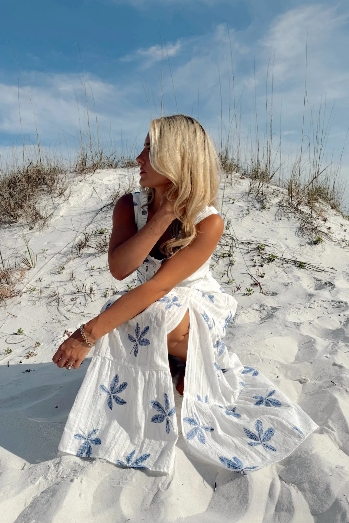 Felicity White & Blue Leaf Maxi Skirt