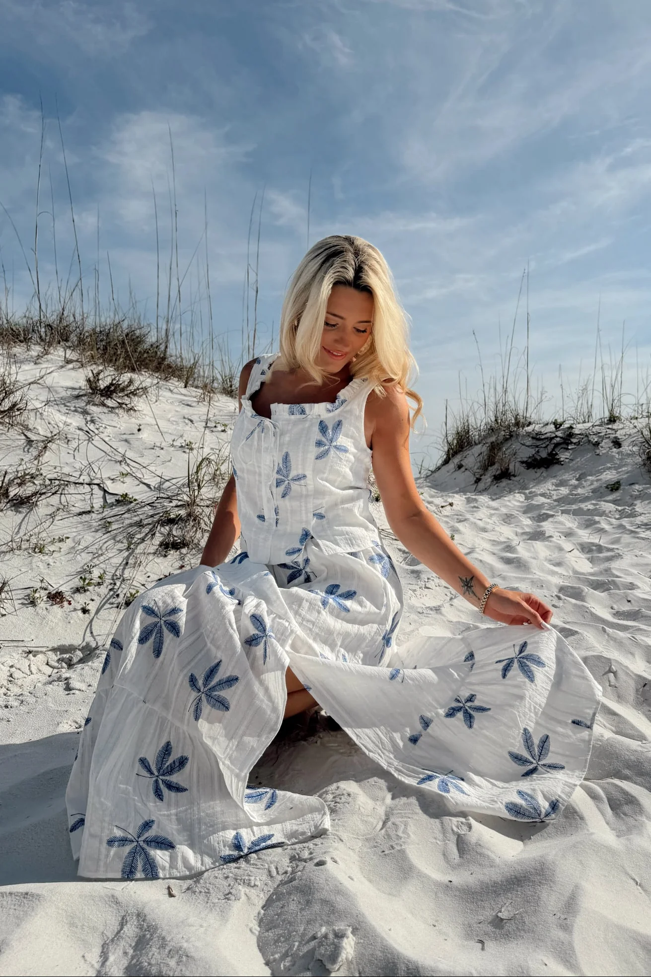 Felicity White & Blue Leaf Maxi Skirt - Image 2