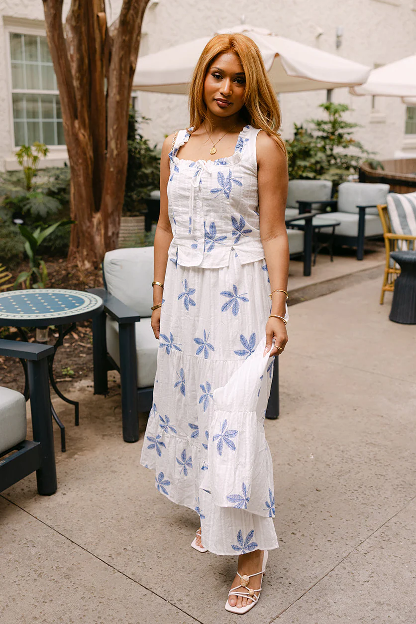 Felicity White & Blue Leaf Maxi Skirt - Image 3