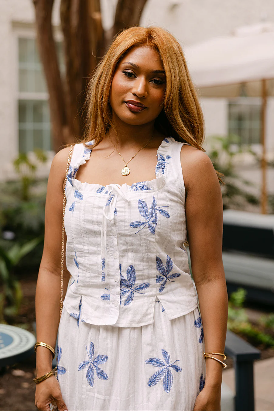 Felicity White & Blue Leaf Ruffle Tank - Image 6