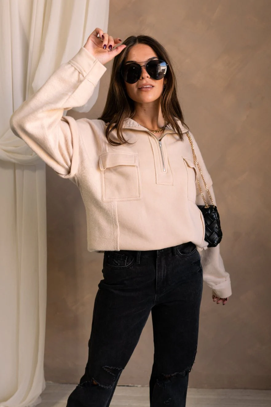 Fiora Cream Quarter Zip-Up Sweatshirt