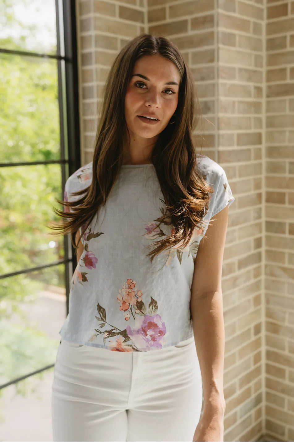 Flora Light Blue & Pink Floral Short Sleeve Top - Image 2