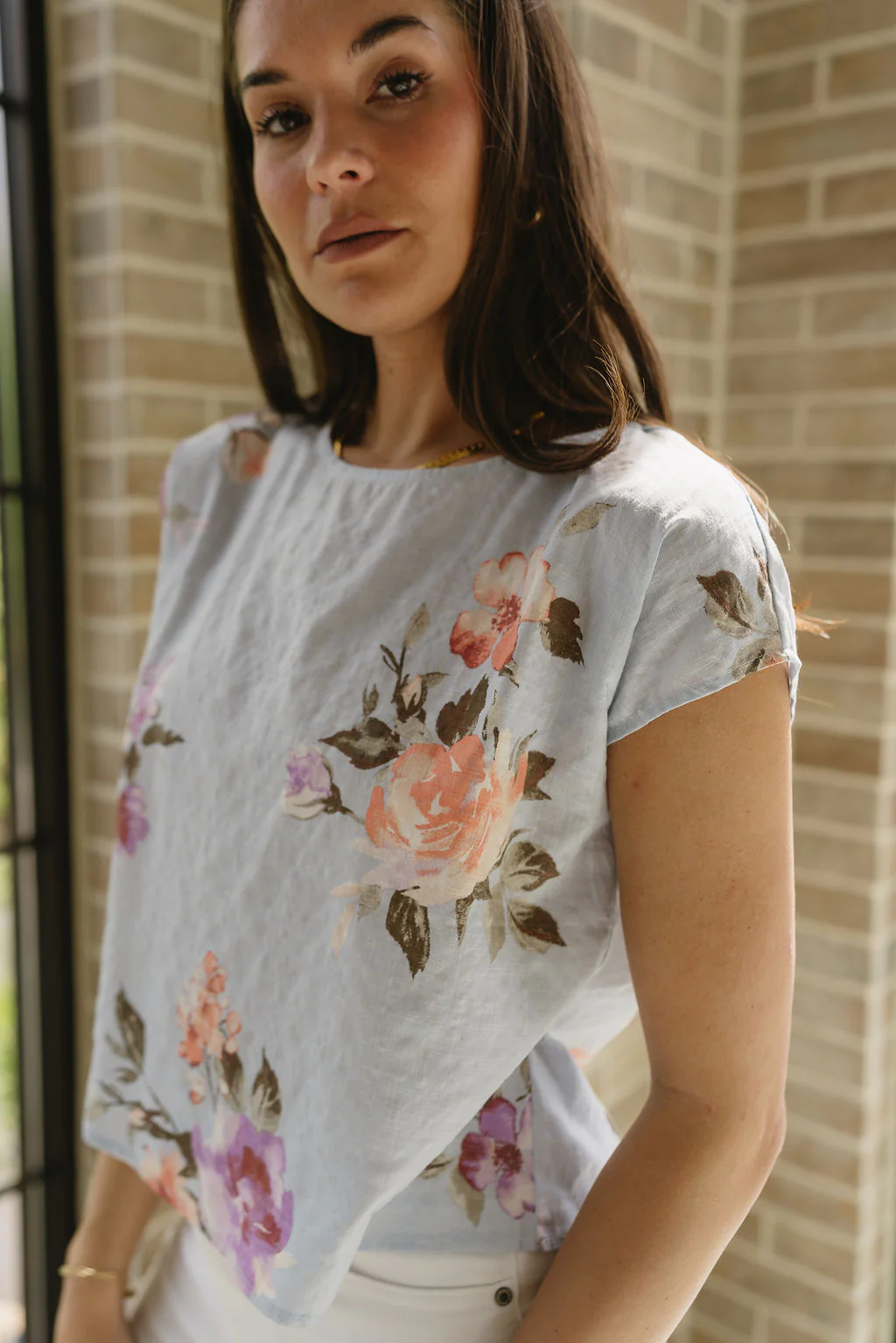Flora Light Blue & Pink Floral Short Sleeve Top - Image 3