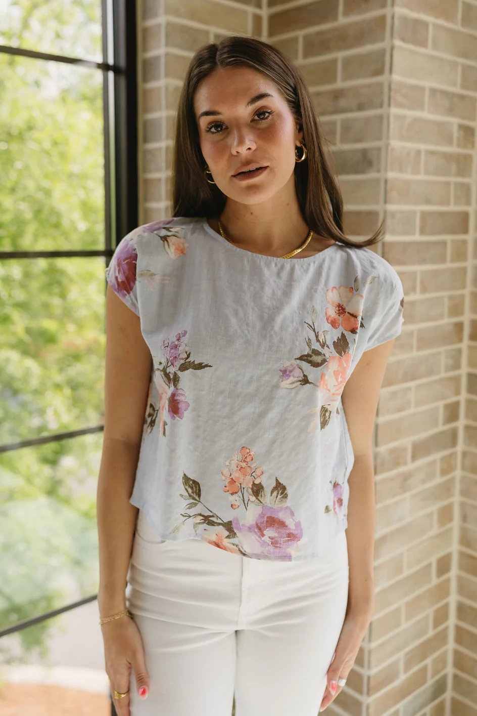 Flora Light Blue & Pink Floral Short Sleeve Top - Image 5