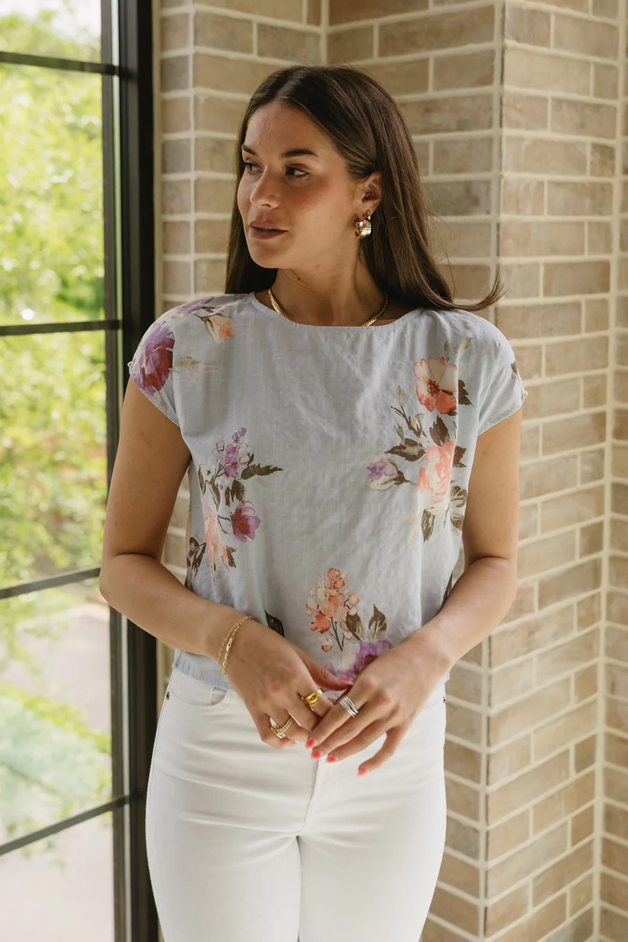Flora Light Blue & Pink Floral Short Sleeve Top - Image 6