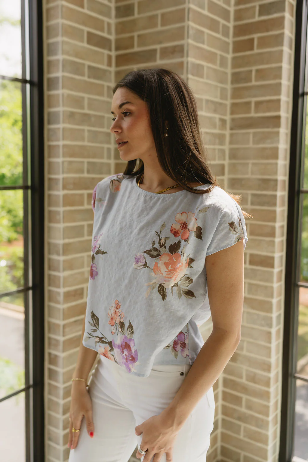 Flora Light Blue & Pink Floral Short Sleeve Top - Image 8