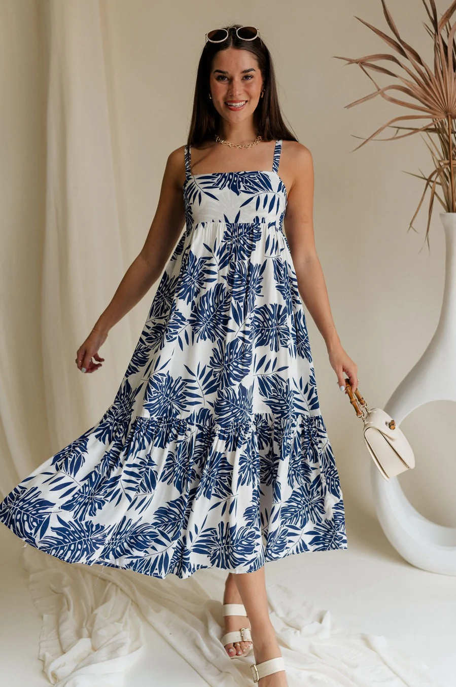 Francheska White & Navy Palm Leaf Midi Dress