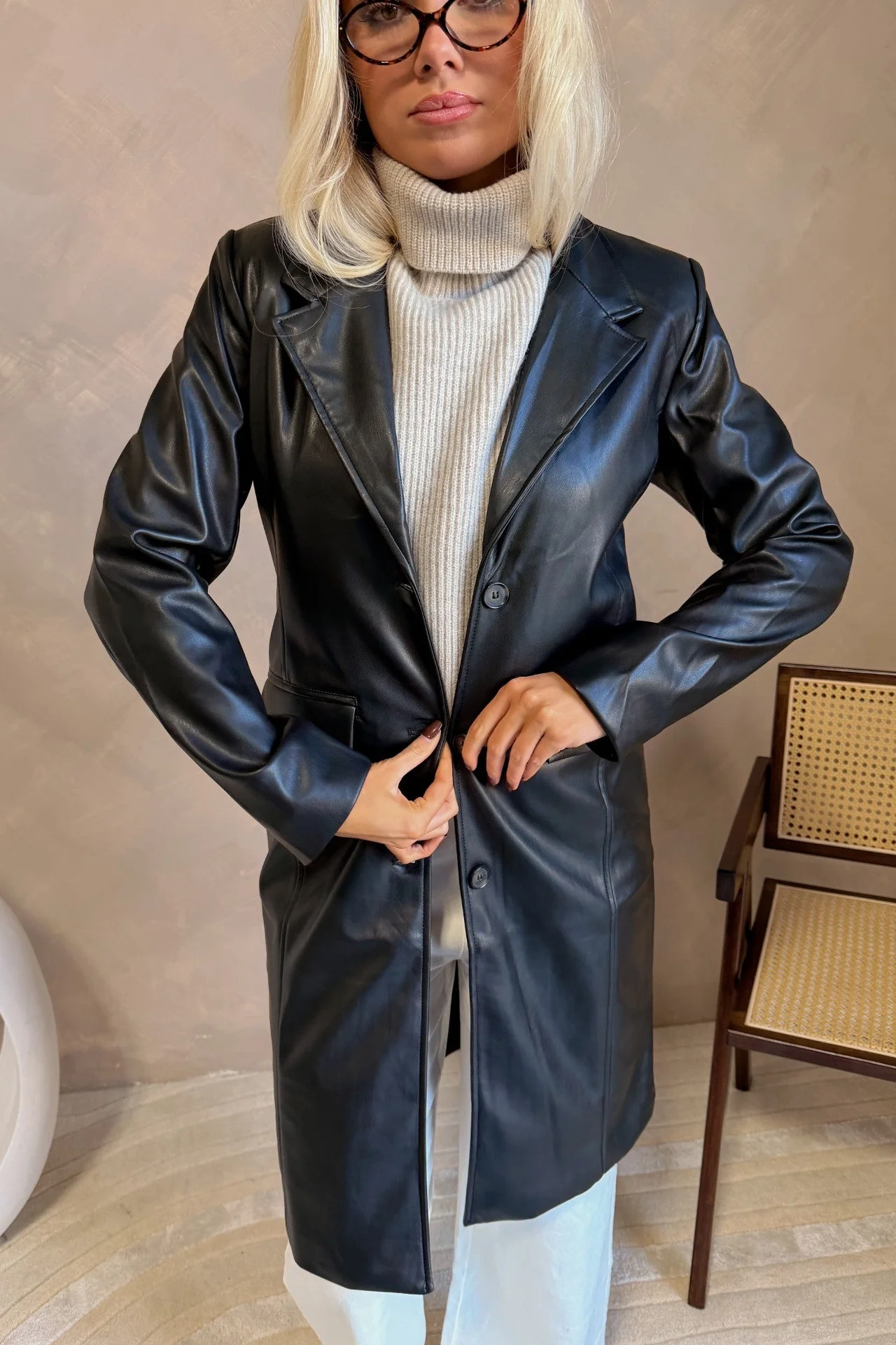 Freya Black Faux Leather Coat - Image 2