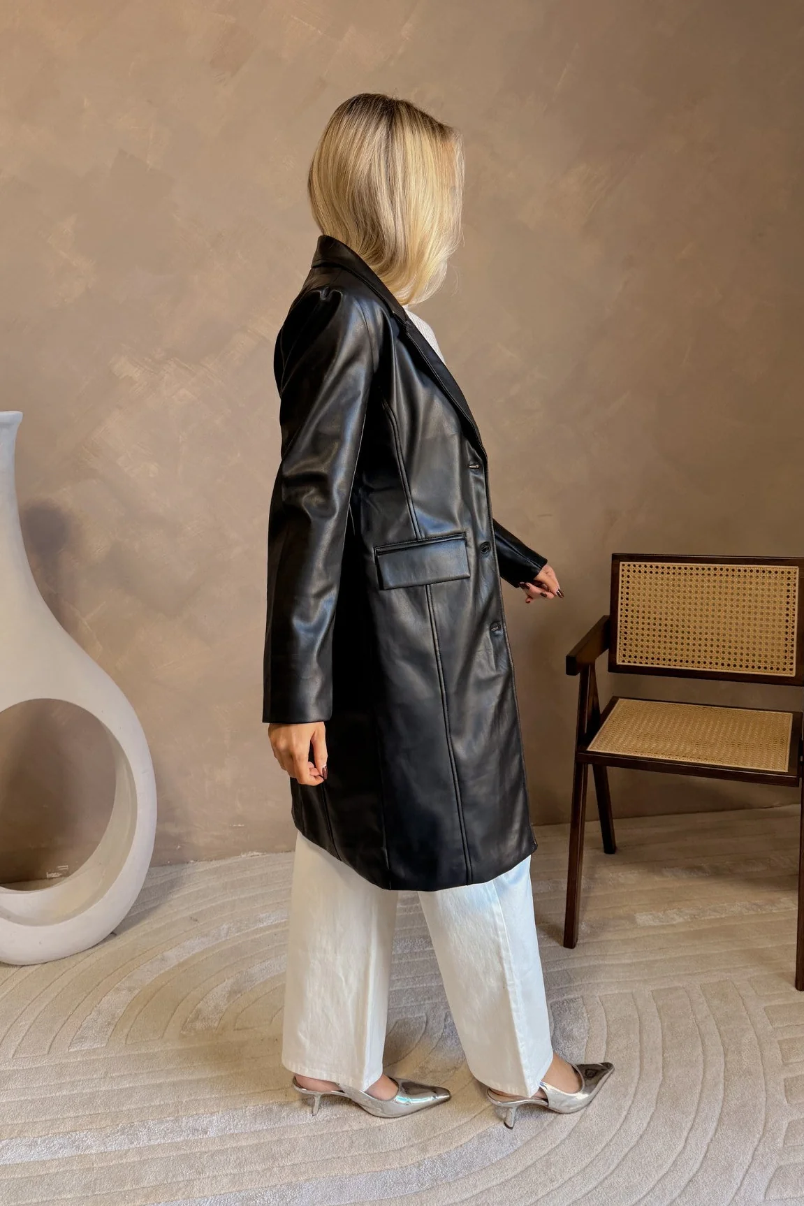 Freya Black Faux Leather Coat - Image 3
