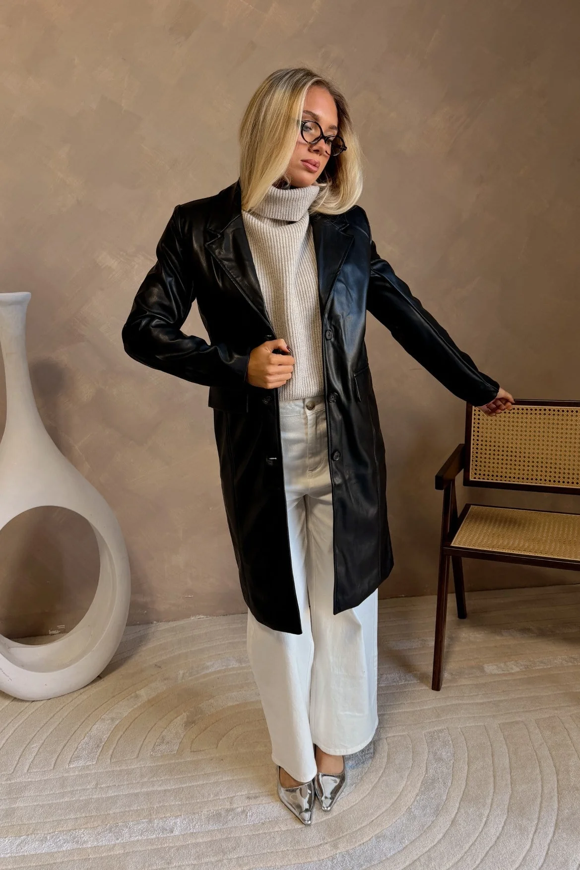 Freya Black Faux Leather Coat - Image 6