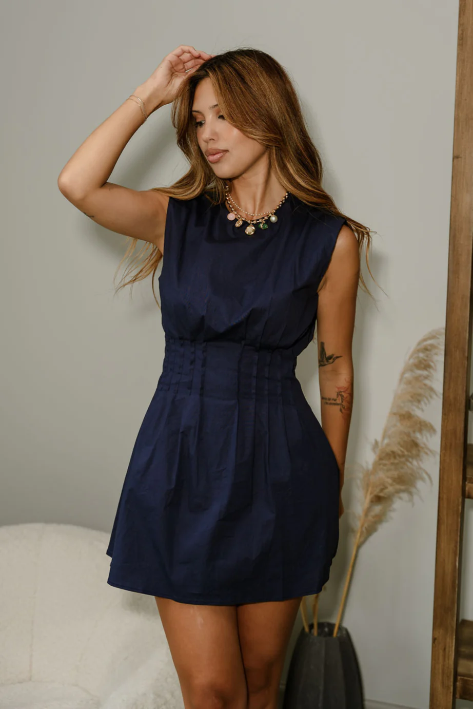 Freya Navy Pleated Flare Mini Dress