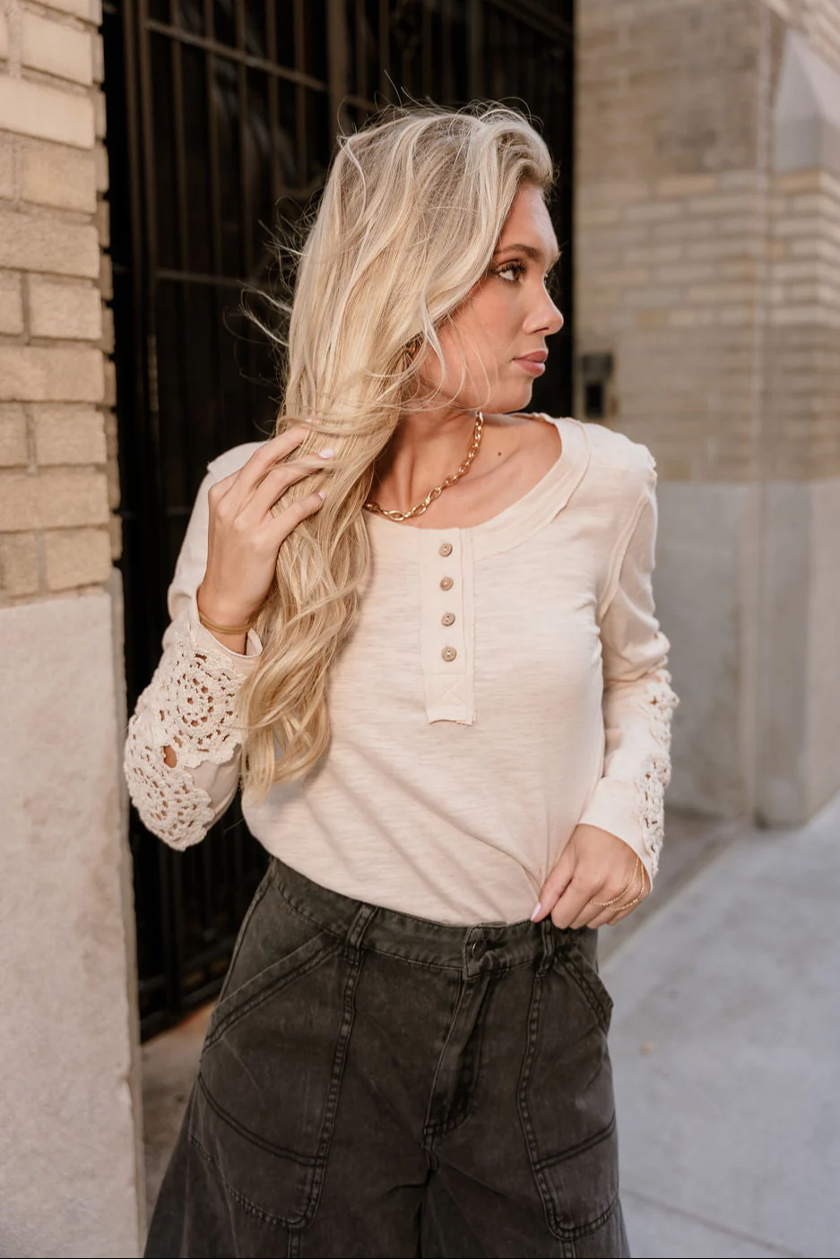 Freya Taupe Crochet Long Sleeves Top