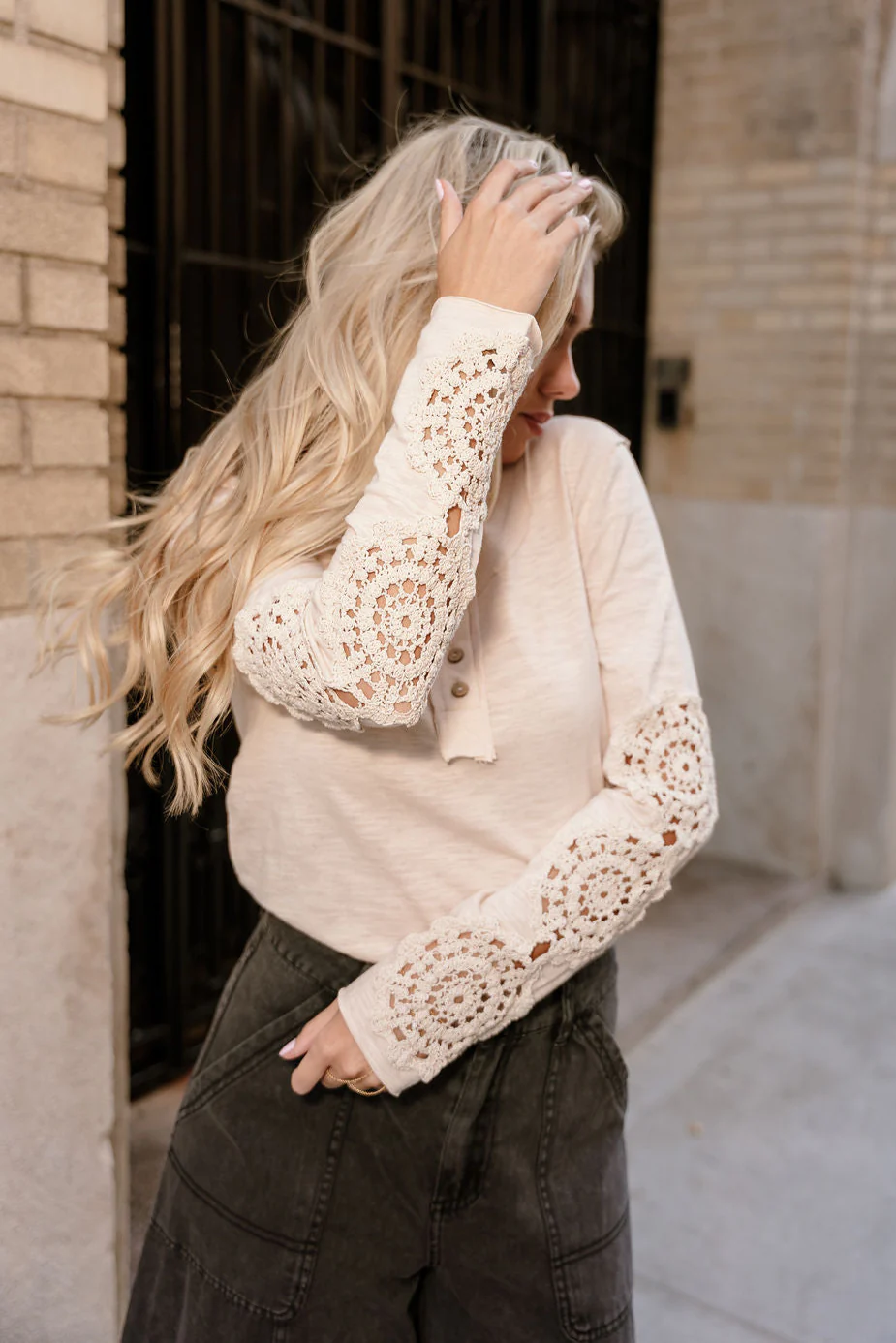 Freya Taupe Crochet Long Sleeves Top - Image 2