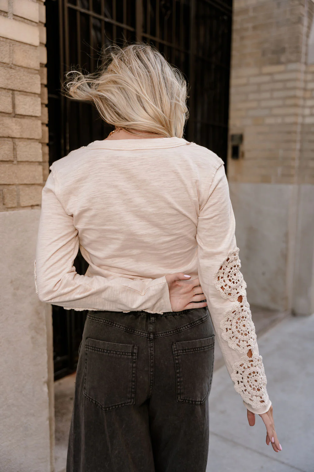Freya Taupe Crochet Long Sleeves Top - Image 4