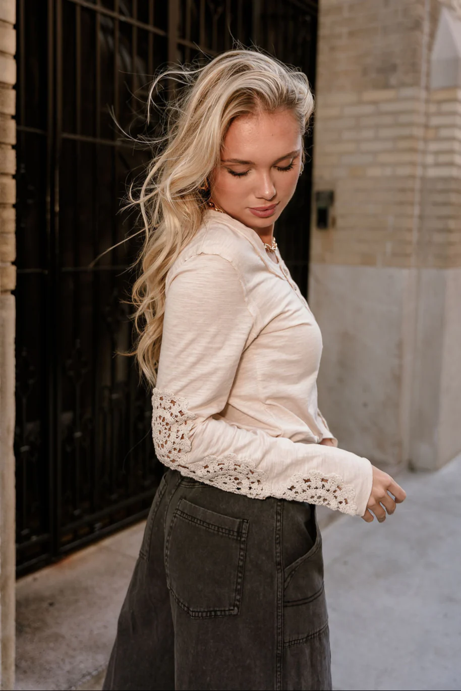 Freya Taupe Crochet Long Sleeves Top - Image 6