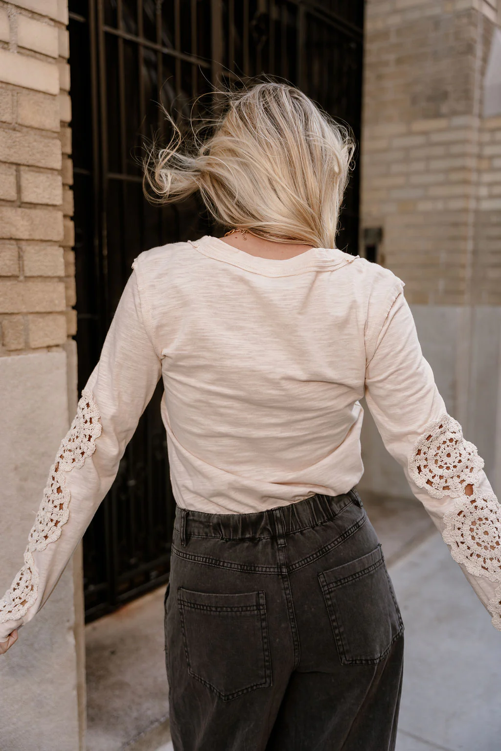 Freya Taupe Crochet Long Sleeves Top - Image 7