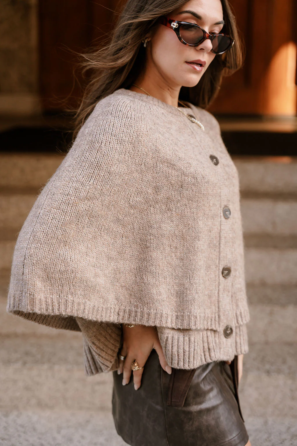 Freya Taupe Knit Cape Cardigan - Image 3