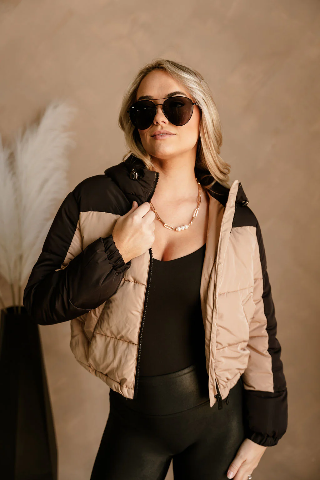 Gabby Black & Tan Color Block Puffer Jacket