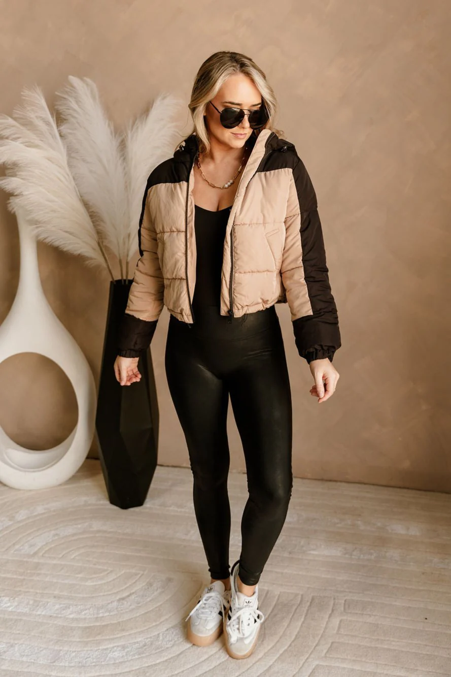 Gabby Black & Tan Color Block Puffer Jacket - Image 2