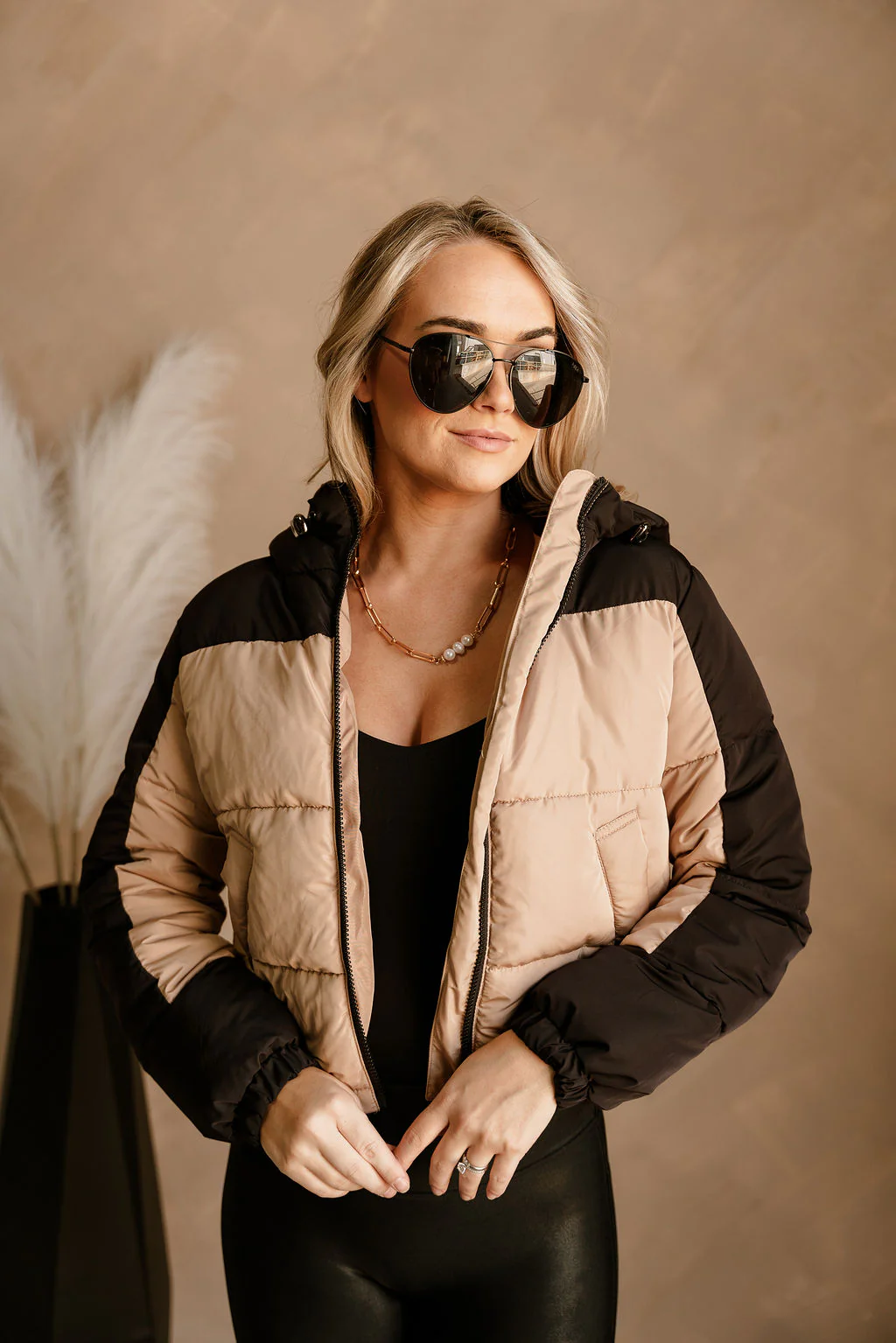 Gabby Black & Tan Color Block Puffer Jacket - Image 3