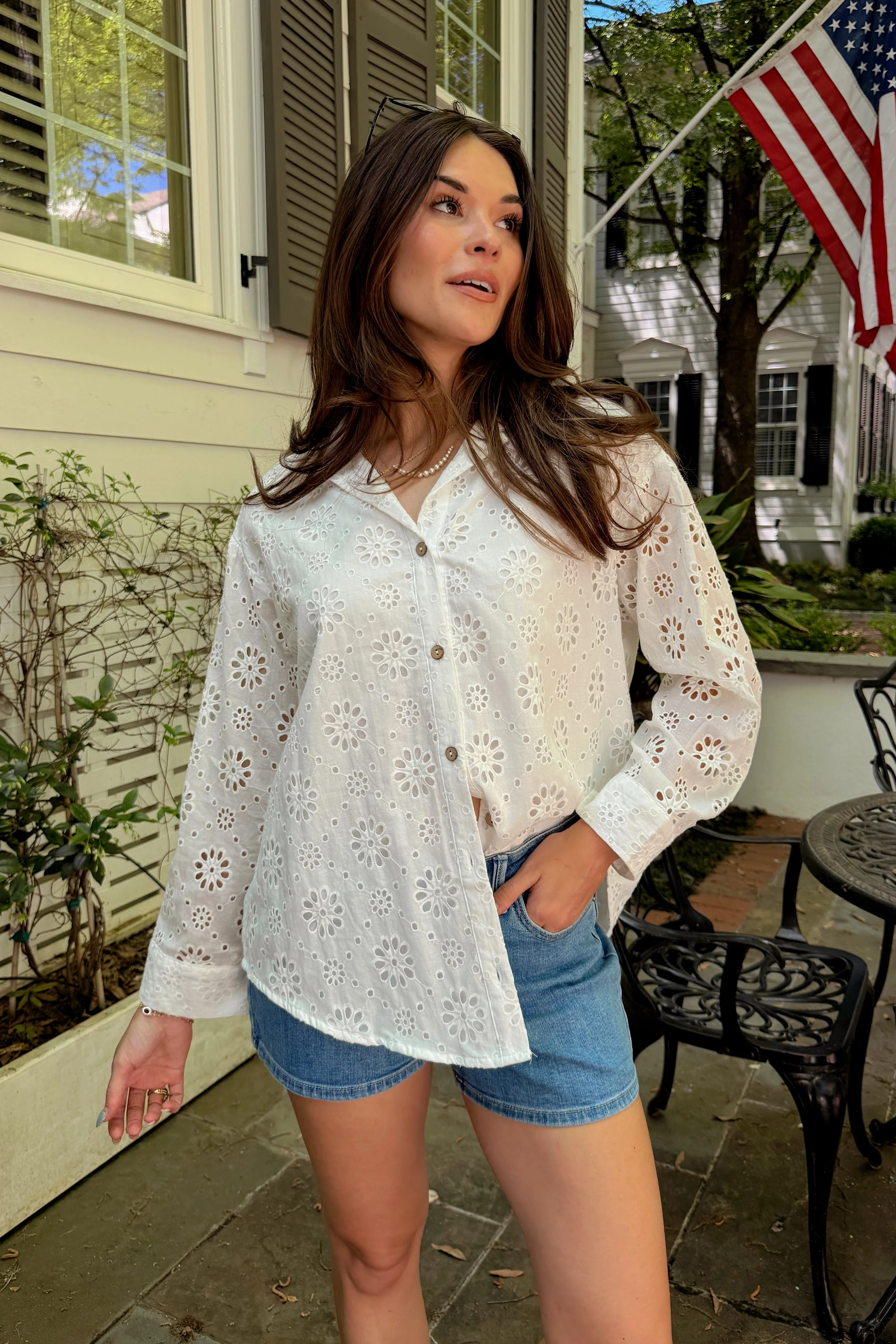 Gabby White Eyelet Button Up Top