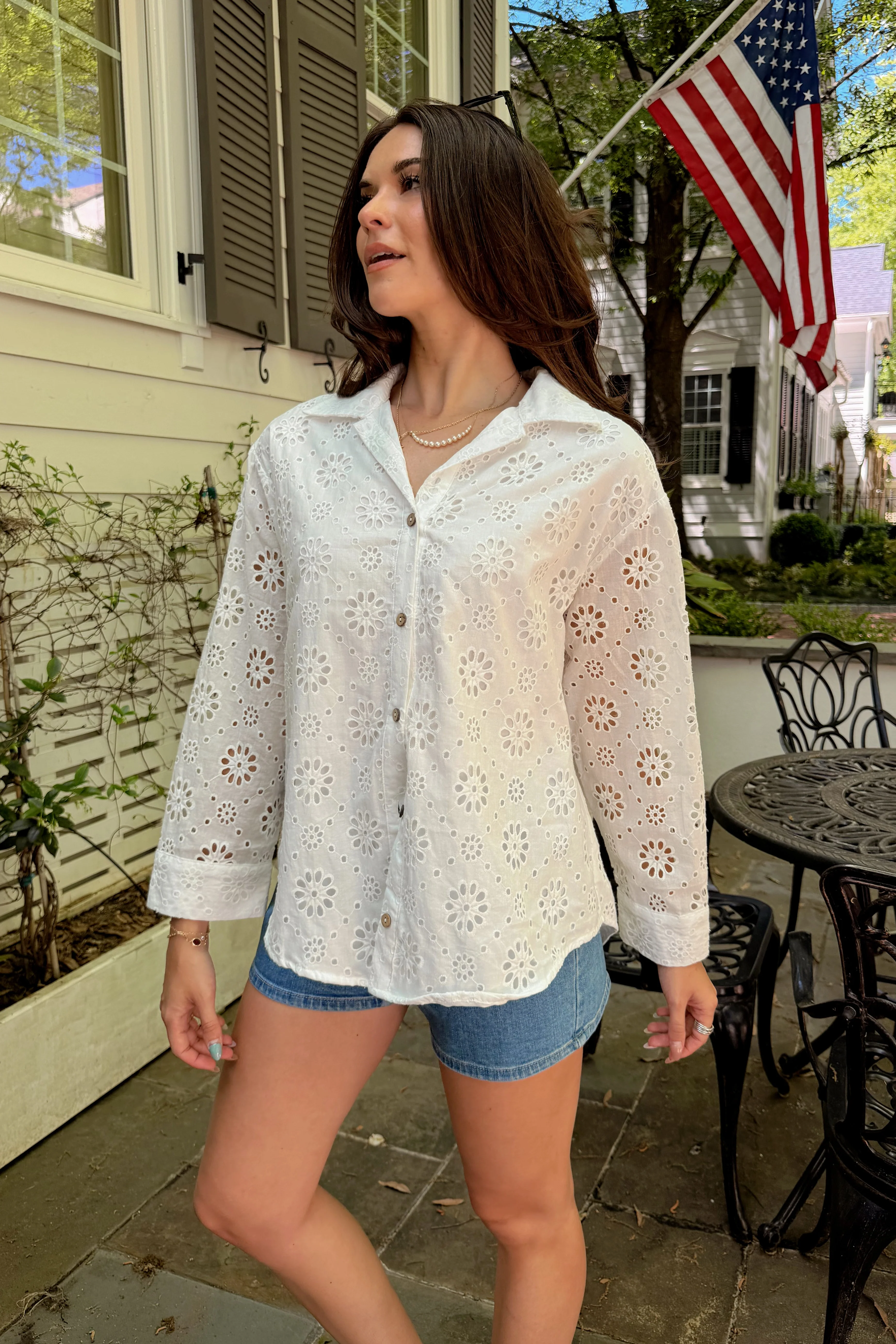Gabby White Eyelet Button Up Top - Image 2