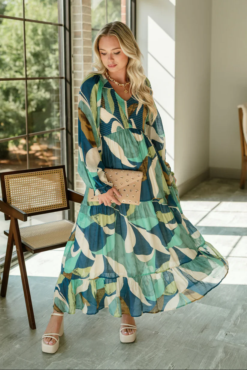 Gemma Blue Multi Long Sleeve Midi Dress