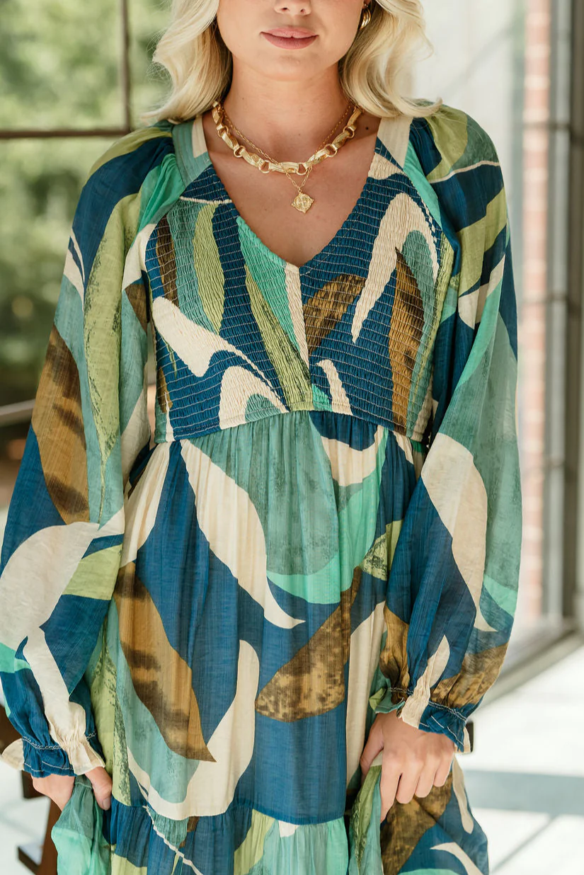 Gemma Blue Multi Long Sleeve Midi Dress - Image 5