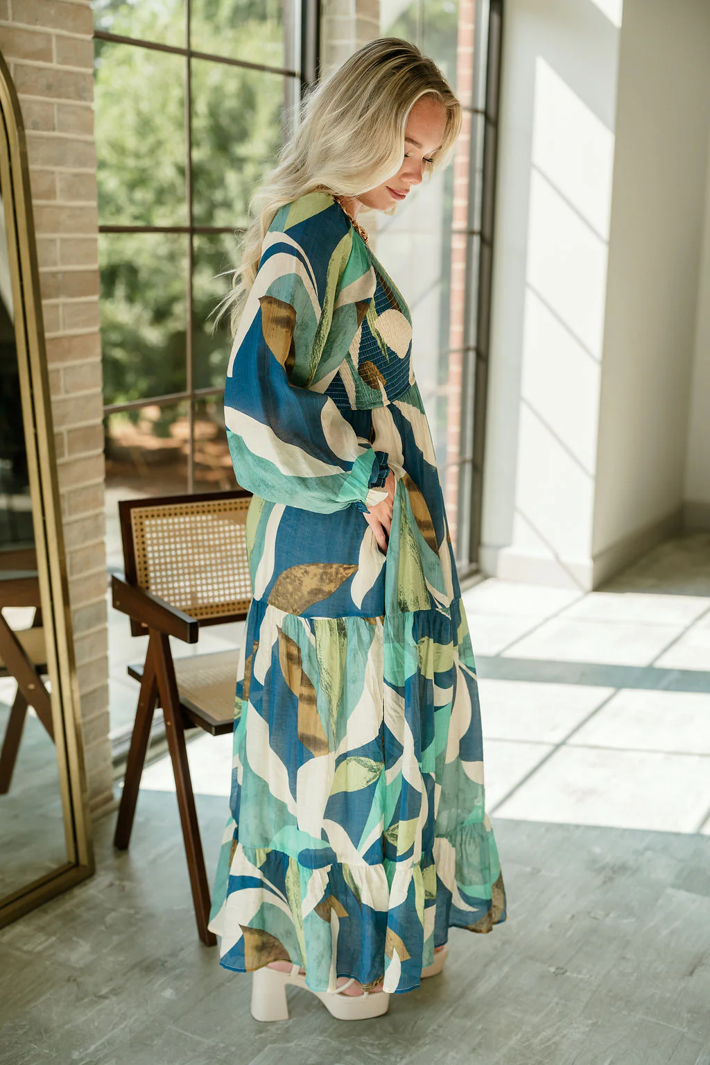 Gemma Blue Multi Long Sleeve Midi Dress - Image 6