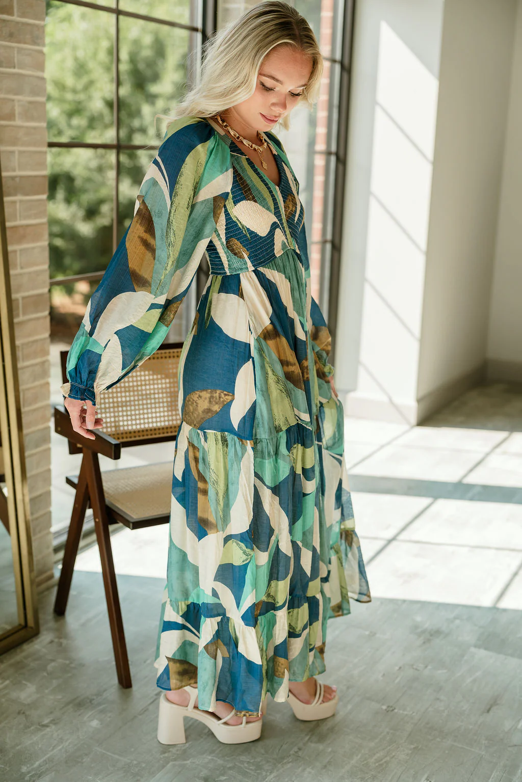 Gemma Blue Multi Long Sleeve Midi Dress - Image 7