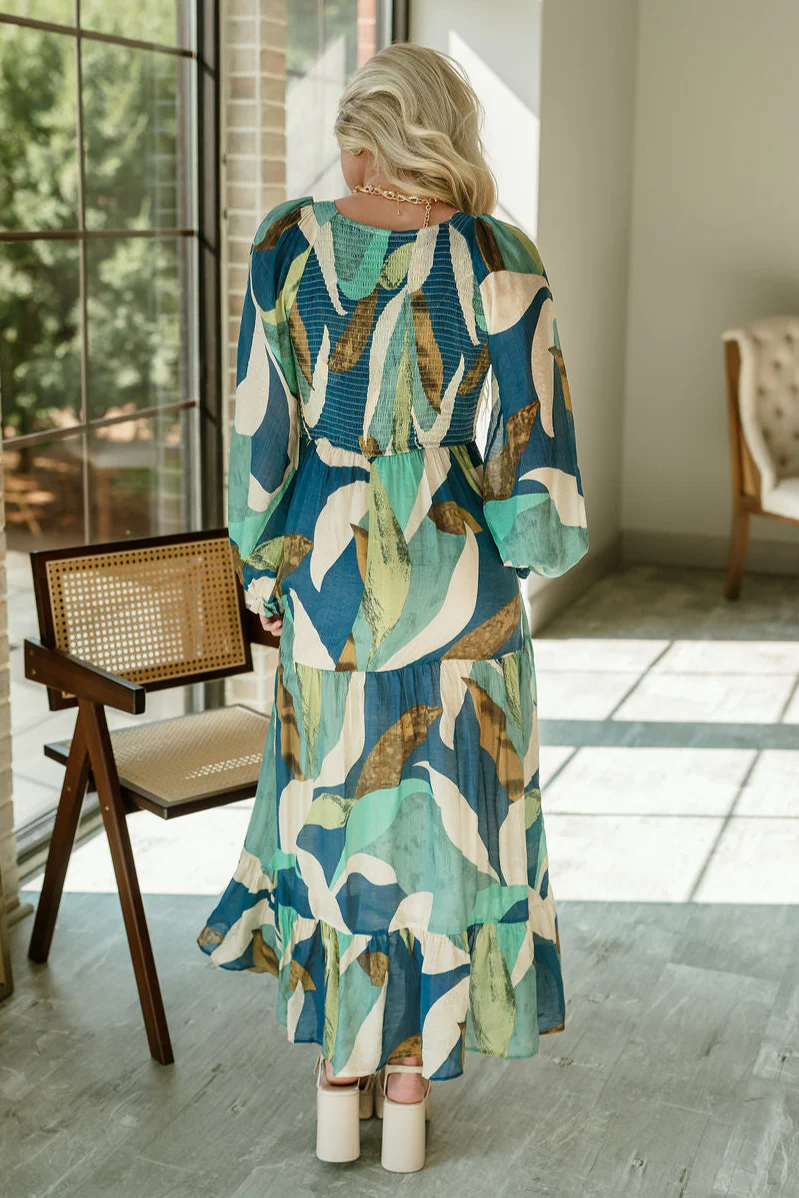 Gemma Blue Multi Long Sleeve Midi Dress - Image 8