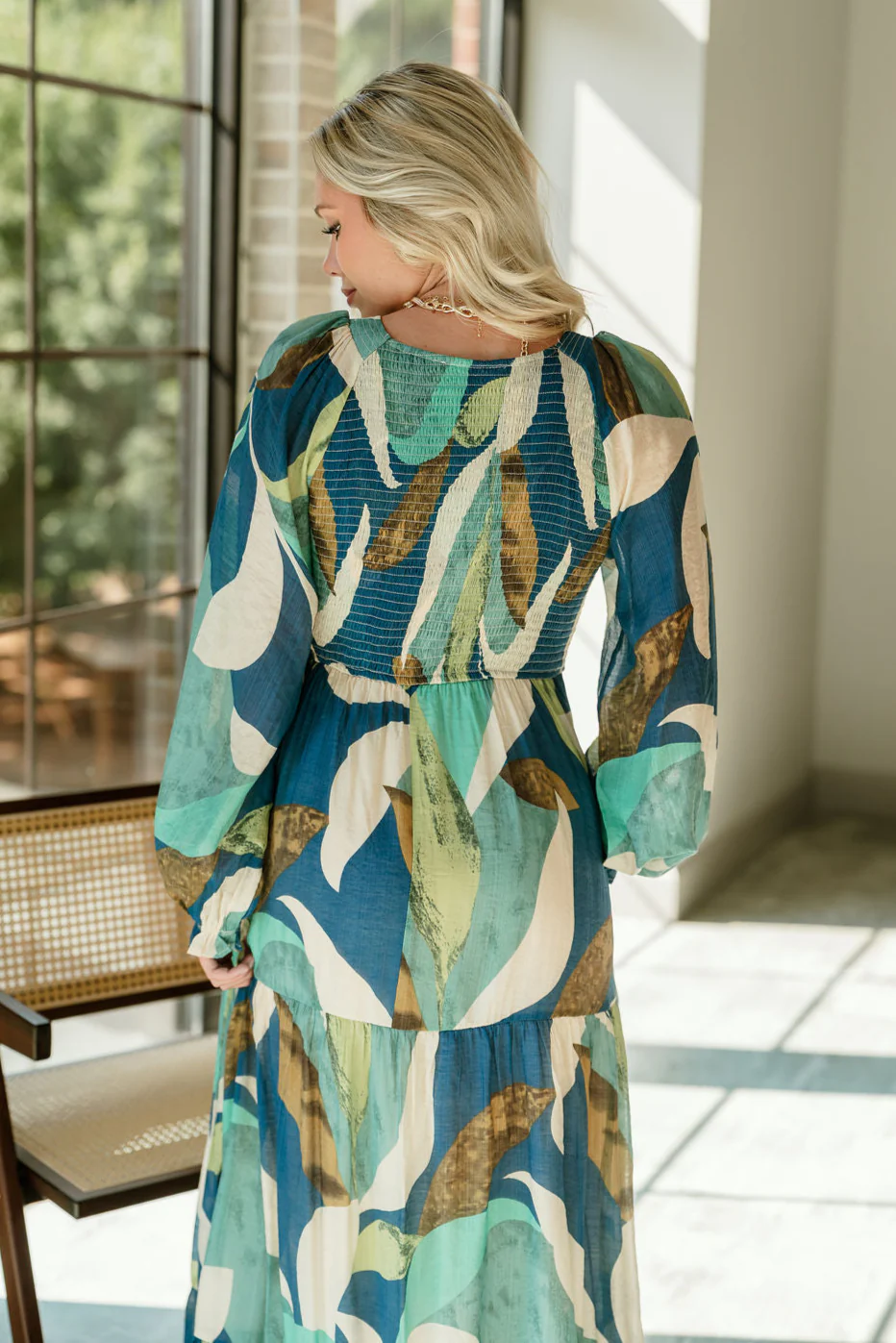 Gemma Blue Multi Long Sleeve Midi Dress - Image 9