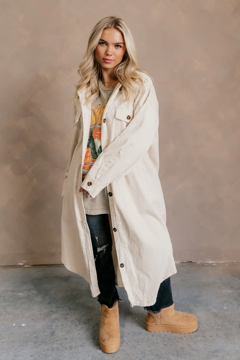 Gemma Cream Corduroy Longline Shacket