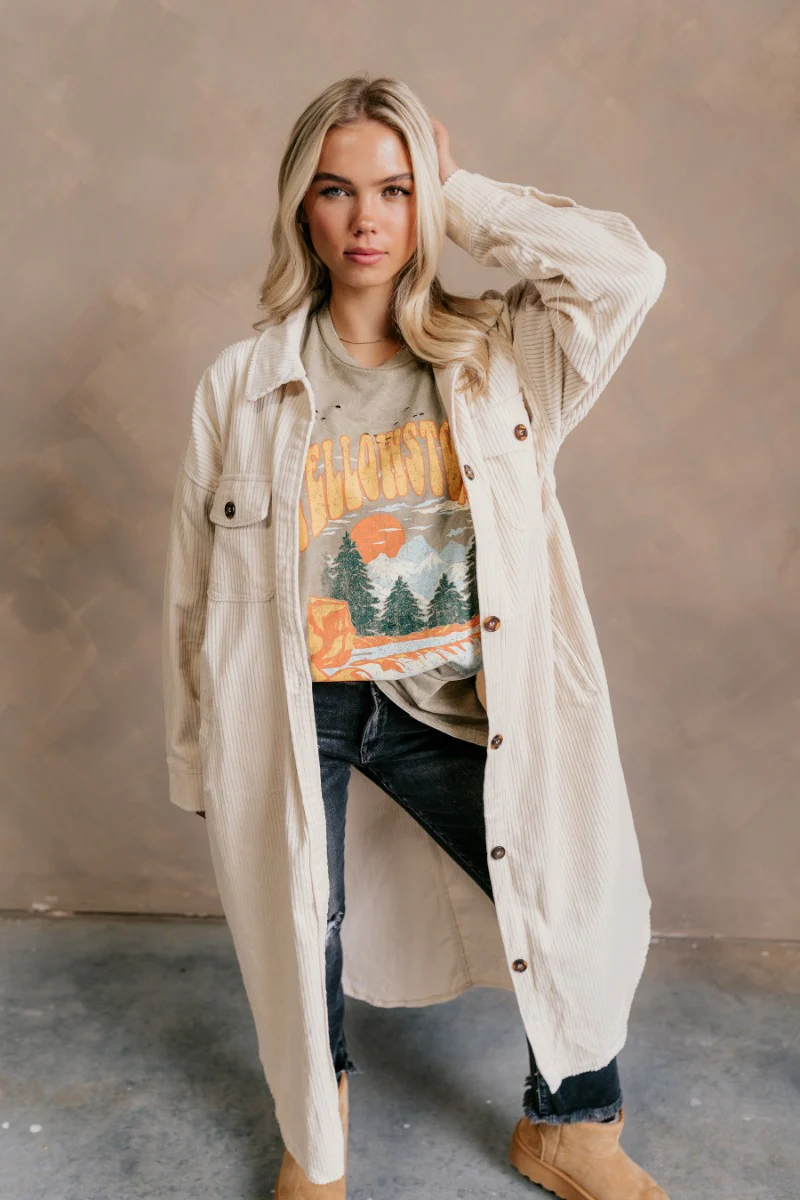 Gemma Cream Corduroy Longline Shacket - Image 3