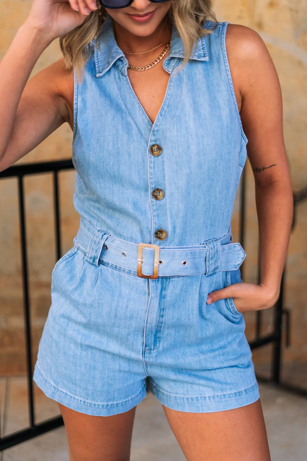 Georgia Belted Denim Romper - Image 2