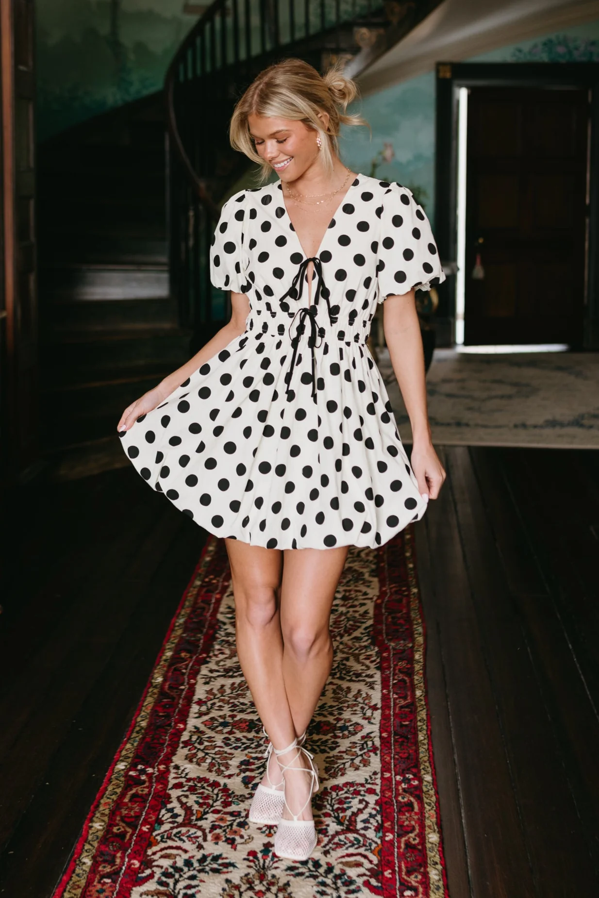 Georgina Cream & Black Polka Dot Bubble Dress - Image 2