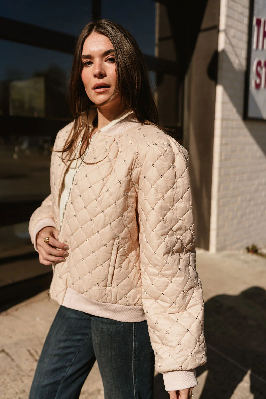Georgina Taupe Quilted Rhinestone Jacket - Image 3