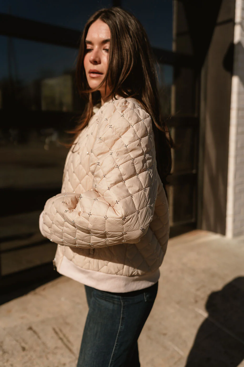 Georgina Taupe Quilted Rhinestone Jacket - Image 5
