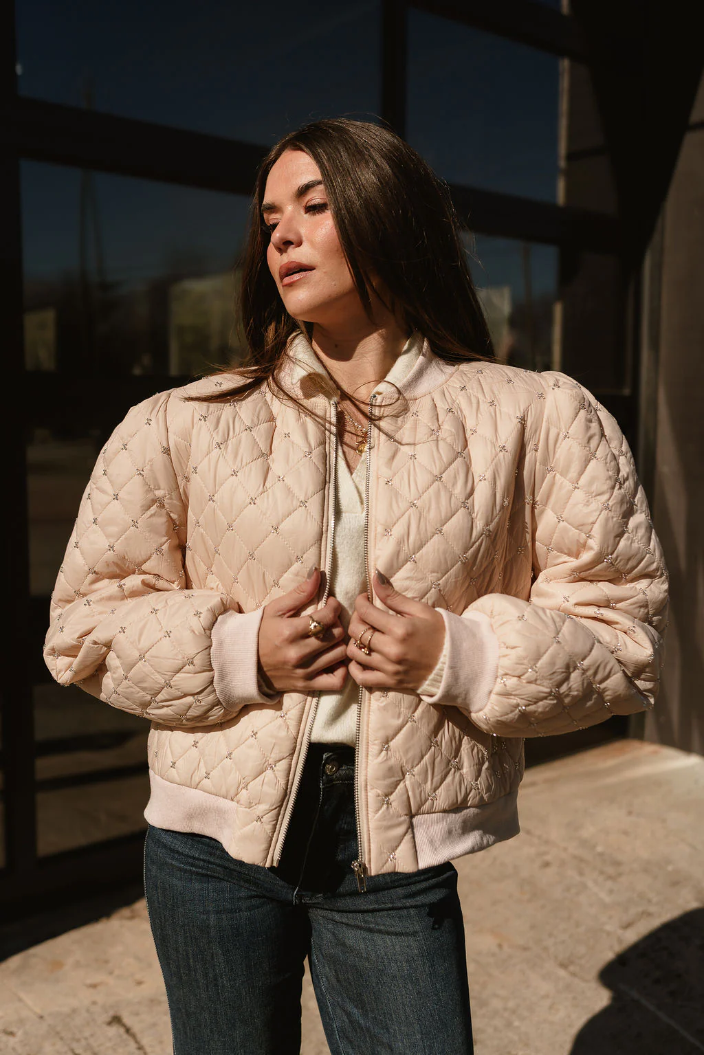 Georgina Taupe Quilted Rhinestone Jacket - Image 6