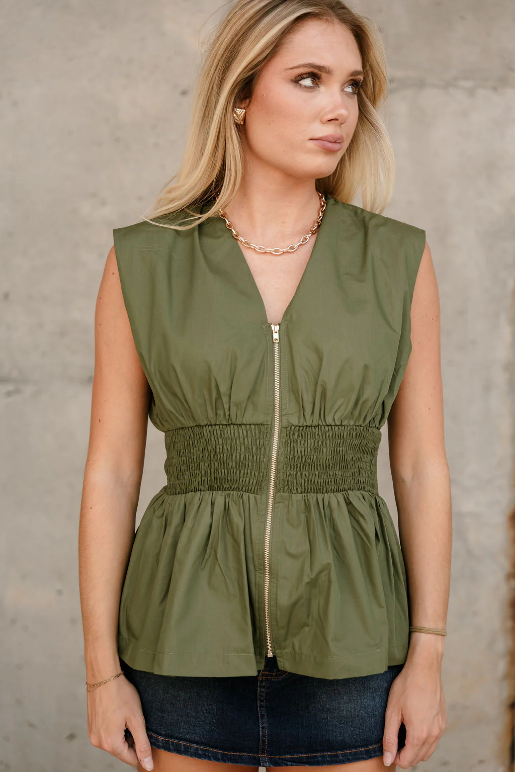 Gia Olive & Gold Zip-Up Flare Tank - Image 2