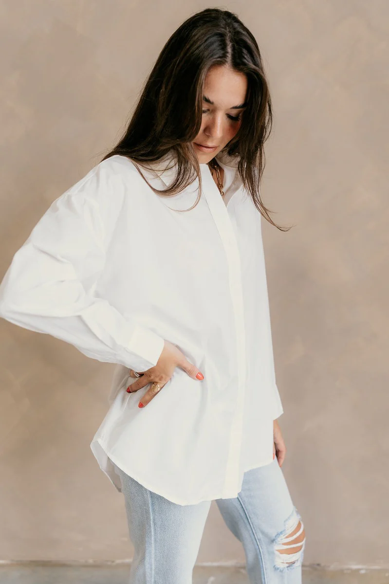 Gia White Button-Up Collared Long Sleeve Top - Image 10