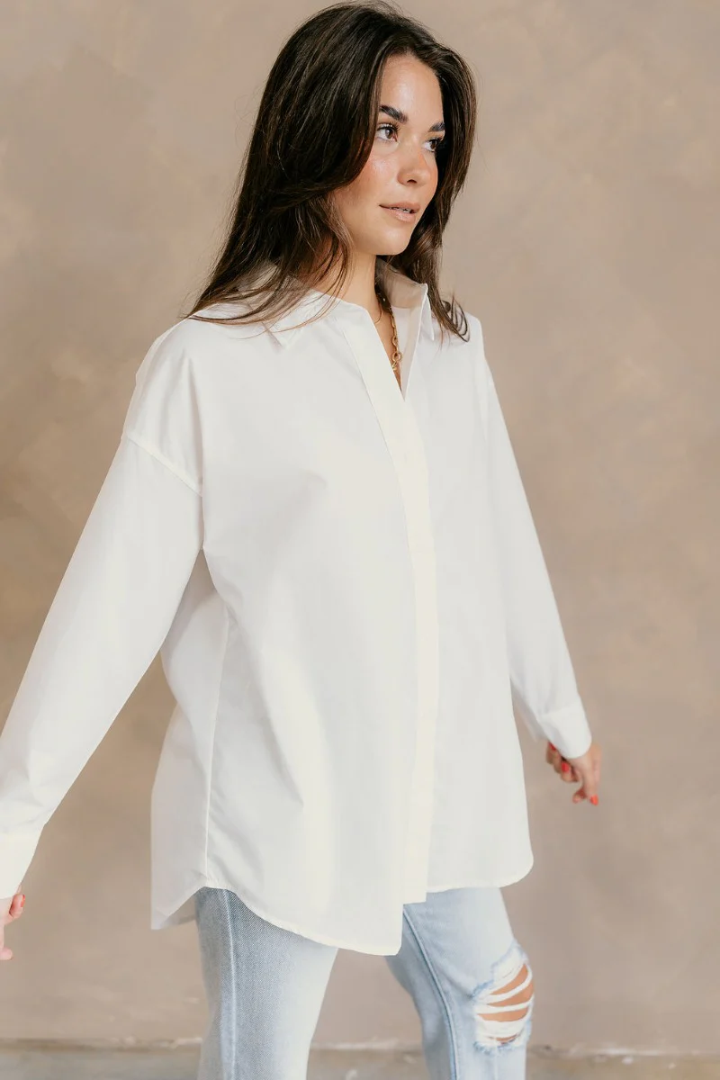 Gia White Button-Up Collared Long Sleeve Top - Image 11