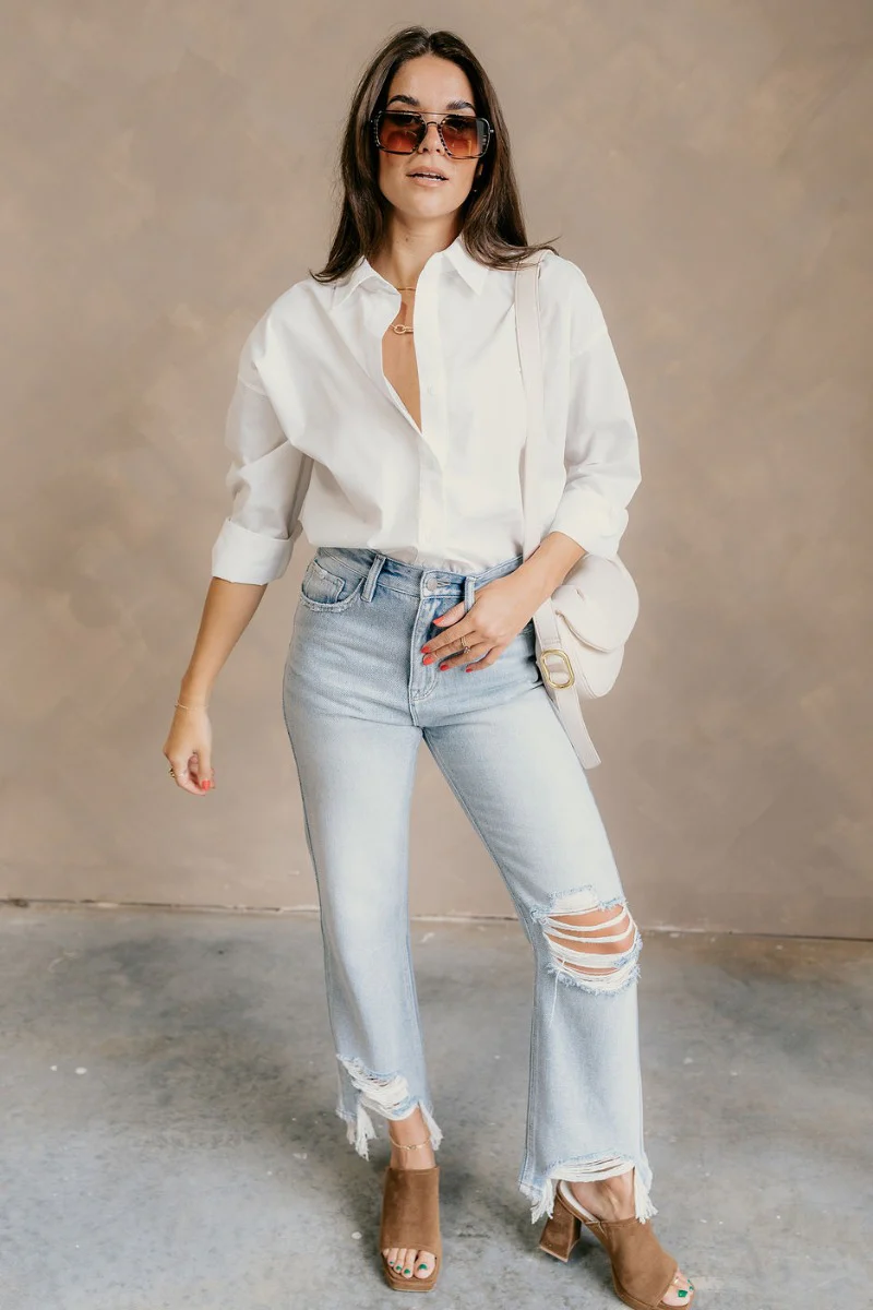 Gia White Button-Up Collared Long Sleeve Top - Image 3