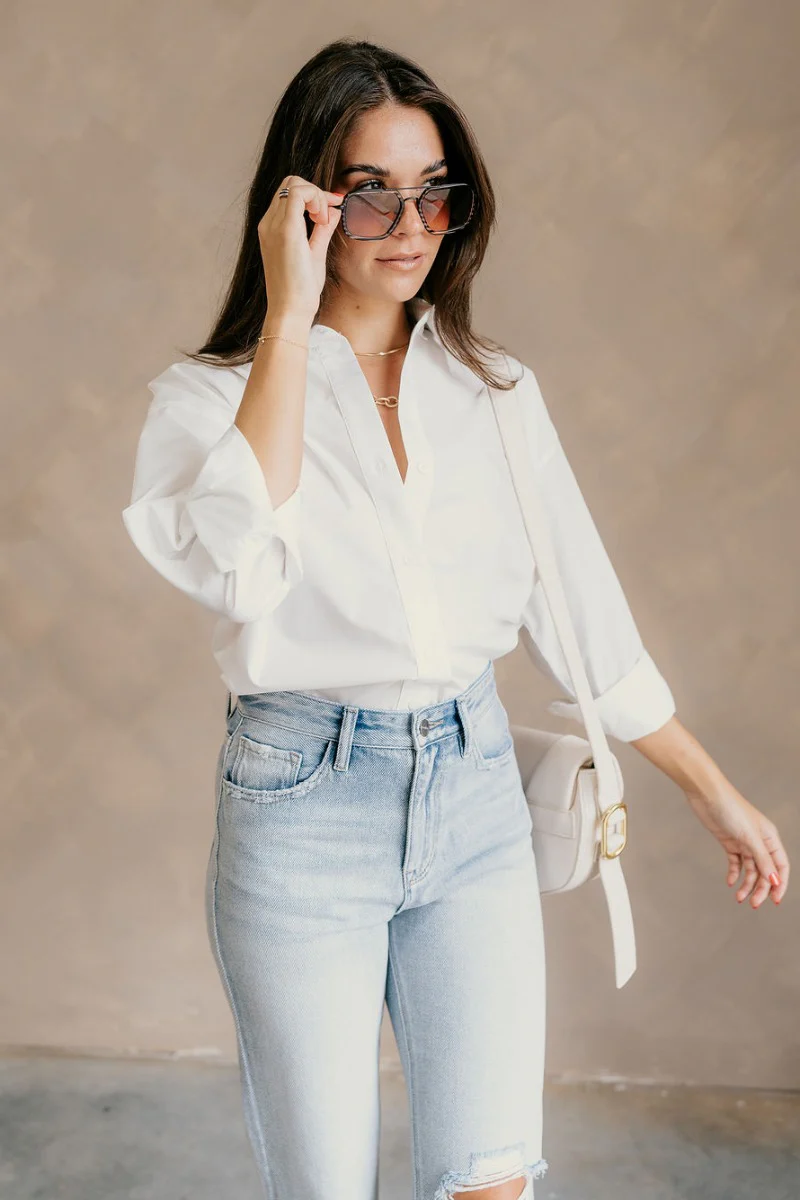 Gia White Button-Up Collared Long Sleeve Top - Image 4