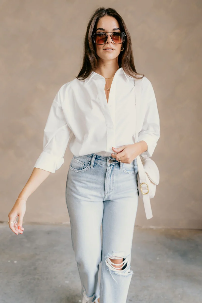 Gia White Button-Up Collared Long Sleeve Top - Image 5