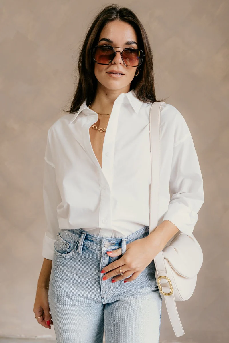 Gia White Button-Up Collared Long Sleeve Top - Image 6