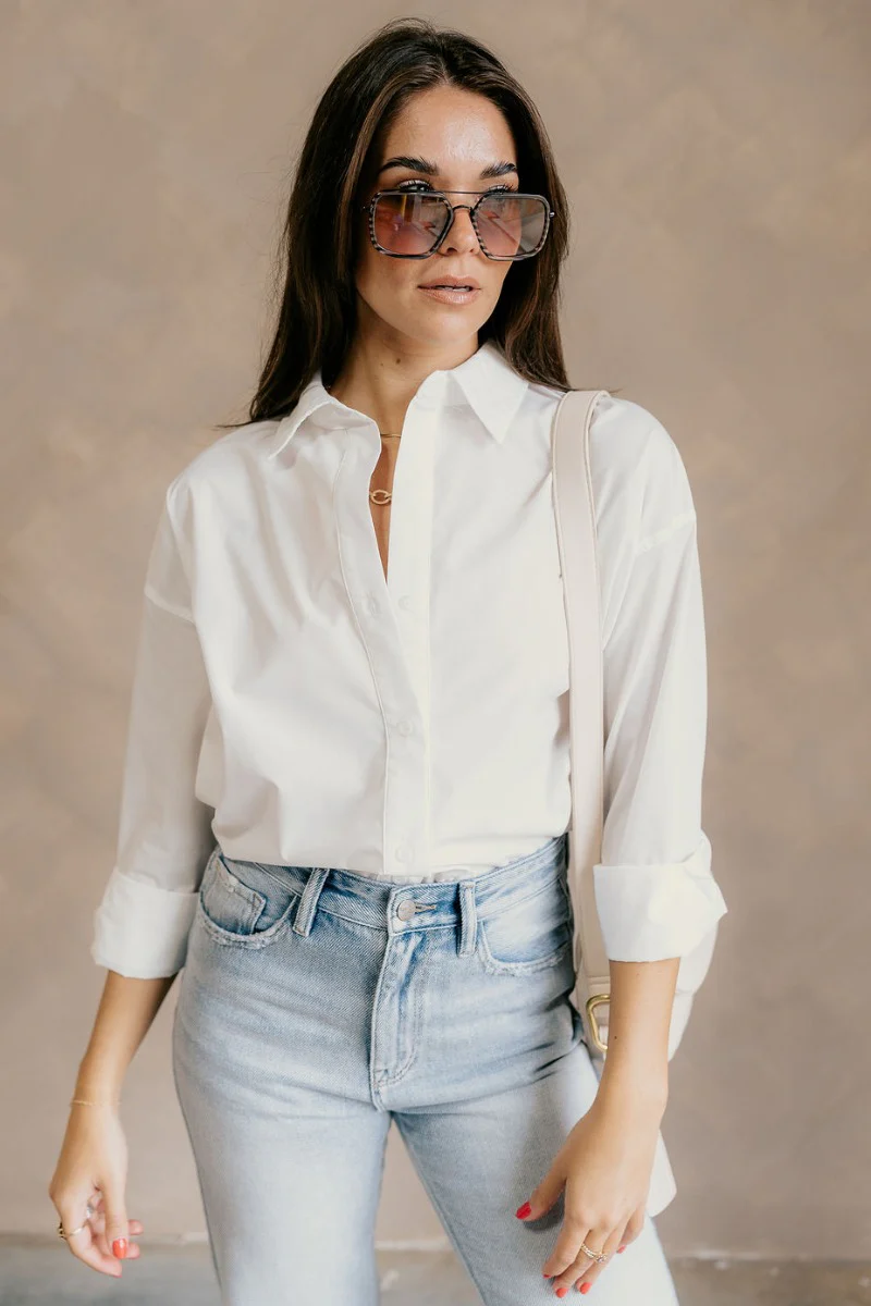 Gia White Button-Up Collared Long Sleeve Top - Image 7